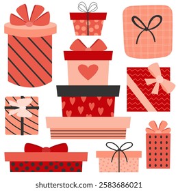 Set of Valentines day gift boxes with hearts and bows. Vector lovely gift boxes in flat style