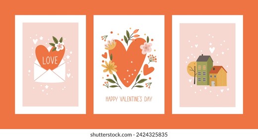 Set of Valentine's Day gift cards with hearts and houses. Vector illustration