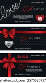 set of valentine's day gift cards. valentine gift voucher with bow and ribbons and jewels