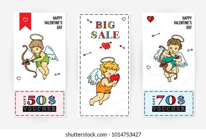 Set of Valentine's Day gift certificates with angels in color outline graphic, cards template for stores sales