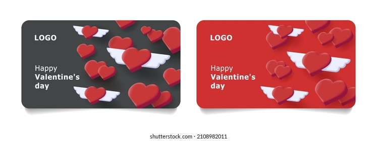 Juego de certificados de regalo de San Valentín con corazones isométricos 3d con alas de ángel