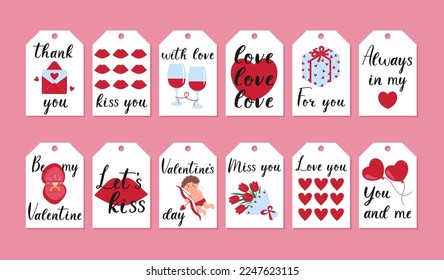 Set of Valentines Day gift tag templates with lettering and design elements. Romantic label, cards or posters. Vector flat illustration