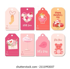 Set of Valentines day gift tags with Box, Heart, Hand, Teddy Bear, Letter, Drink. Waffle, Lips, Glass Jar and Roses in Red, Pink, Orange. Flat illustration perfect for holiday greetings, presents.