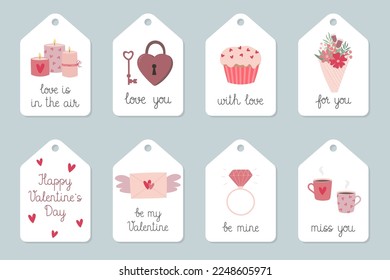 Set of Valentine's Day gift tags with hand drawn cute elements and lettering. Collection of hand drawn holiday label in pink, purple and red. Isolated vector illustration