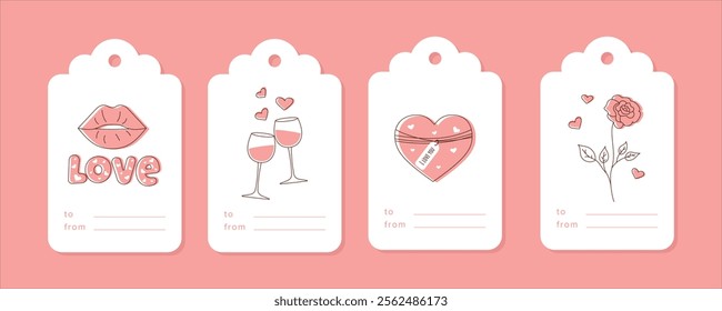 Set of Valentine's Day Gift Tags templates with designs featuring lips, wine glasses, hearts, and a rose. Vector illustration. This pink concept is perfect for Valentine's Day or romantic holidays.