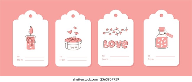 Set of Valentine's Day Gift Tags templates with designs a picture of featuring a candle, cake, heart garland and love potion. This pink concept is perfect for romantic holidays.