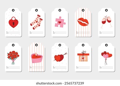 Set of Valentine's Day gift tags with cute romantic elements: hearts, flowers, socks, lips, balloons, puzzle, wine glasses, gift, love. Perfect for presents and festive packaging. Vector illustration.