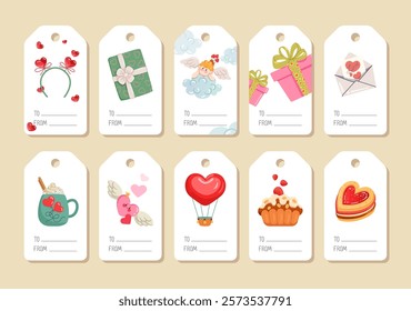 Set of Valentine's Day gift tags with cute romantic elements: cupid, hearts, love letter, cookie, gifts. Perfect for wrapping gifts, custom cards, and present packaging decor. Flat vector illustration