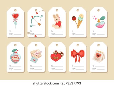 Set of Valentine's Day gift tags with cute romantic elements: chocolate, hearts, bunny, arrow, gifts. Perfect for wrapping gifts, custom cards, and present packaging decor. Flat vector illustration.