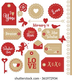 Set of Valentines Day gift tags typographic vector design with illustrations and wishes. Holiday printable badges and labels with love theme