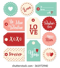 Set of Valentines Day gift tags typographic vector design with illustrations and wishes. Holiday printable badges and labels with love theme