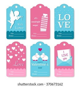 Set of Valentines Day gift tags typographic vector design with illustrations and wishes. Holiday printable badges and labels with love theme