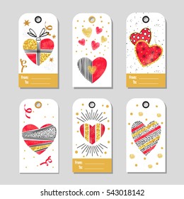 Set of Valentines Day gift tags with hearts. Vector illustration. 