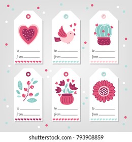 Set of Valentine's Day Gift Tags with heart, bird, cactus, berry, bouquet and gerbera in White, Blue and Pink. Perfect for holiday greetings