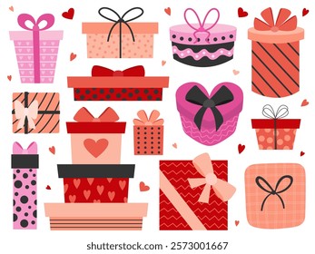 Set of Valentine's day gifts in flat style. Love gift boxes flat vector set