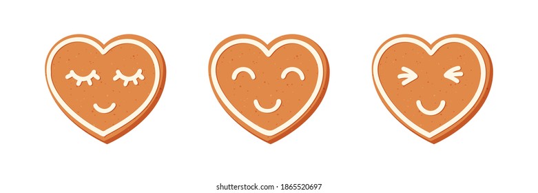 Set of Valentines day gingerbread cookies. Carved figures decorated with sugar icing. Vector stock flat illustration isolated on a white background