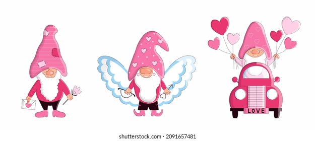 Set of Valentines Day gnome in truck and Cupid with bow and arrow. Vector holiday illustration