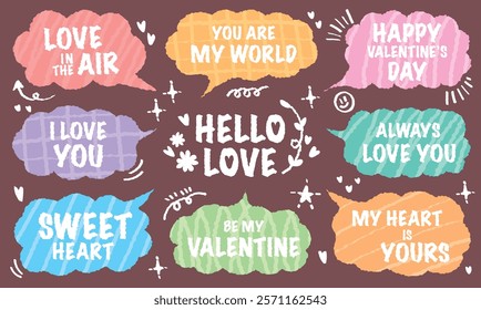 Set of valentine's day graphic speech bubble with love short message vector. Colorful hand drawn style cute lover typographic lettering with heart and flower pattern. decor happy always world sweet