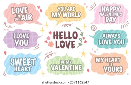 Set of valentine's day graphic speech bubble with love short message vector. Colorful hand drawn style cute lover typographic lettering with heart and flower pattern. decor happy always world sweet