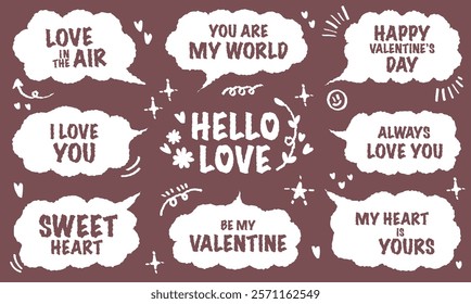 Set of valentine's day graphic speech bubble with love short message vector. White hand drawn style cute lover typographic lettering with heart and flower pattern. decor happy always world sweet