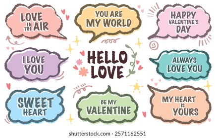 Set of valentine's day graphic speech bubble with love short message vector. Colorful hand drawn style cute lover typographic lettering with heart and flower pattern. decor happy always world sweet