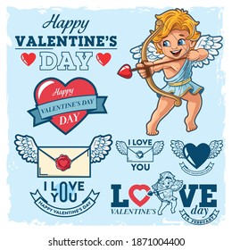 set of valentine's day graphics with hearts and angel