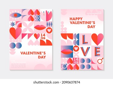 Set of Valentines Day greeting banners templates.Romantic vector layouts in bauhaus style with geometric elements and symbols.Modern trendy designs for banners,invitations,prints,promo offers.