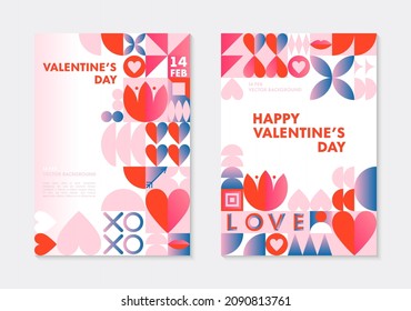 Set of Valentines Day greeting banners templates.Romantic vector layouts in bauhaus style with geometric elements and symbols.Modern trendy designs for banners,invitations,prints,promo offers.