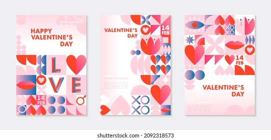 Set of Valentines Day greeting banners templates.Romantic vector layouts in bauhaus style with geometric elements and symbols.Modern trendy designs for banners,invitations,prints,promo offers.