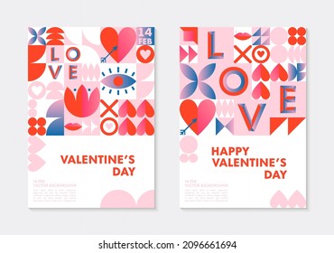 Conjunto de plantillas de banners de saludo de San Valentín.Diseños vectoriales románticos en bauhaus con elementos geométricos y símbolos.Diseños modernos de moda para banners, invitaciones, impresiones, ofertas de promoción.