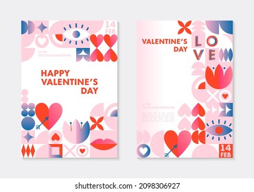 Set of Valentines Day greeting banners templates.Romantic vector layouts in bauhaus style with geometric elements and symbols.Modern trendy designs for banners,invitations,prints,promo offers.