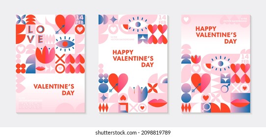 Set of Valentines Day greeting banners templates.Romantic vector layouts in bauhaus style with geometric elements and symbols.Modern trendy designs for banners,invitations,prints,promo offers.