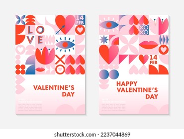 Set of Valentines Day greeting banners templates.Romantic vector layouts in bauhaus style with geometric elements and symbols.Modern trendy designs for banners,invitations,prints,promo offers.