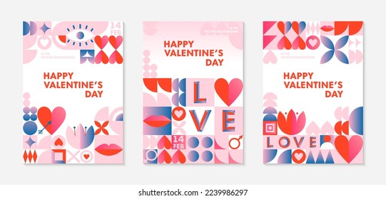 Conjunto de plantillas de banners de saludo de San Valentín.Diseños vectoriales románticos en bauhaus con elementos geométricos y símbolos.Diseños modernos de moda para banners, invitaciones, impresiones, ofertas de promoción.