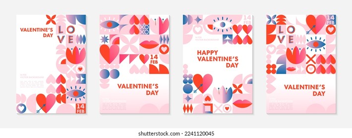 Set of Valentines Day greeting banners templates.Romantic vector layouts in bauhaus style with geometric elements and symbols.Modern trendy designs for banners,invitations,prints,promo offers.