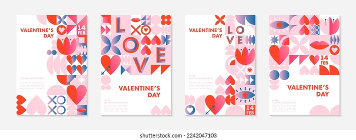 Set of Valentines Day greeting banners templates.Romantic vector layouts in bauhaus style with geometric elements and symbols.Modern trendy designs for banners,invitations,prints,promo offers.