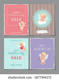 Set of Valentines Day greeting card and sale banner. Vector illustration with cute cupid