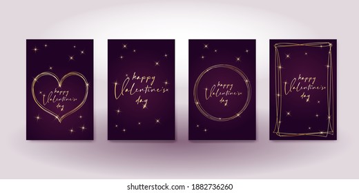 set valentine's day greeting card banner invitation flyer brochure. dark purple and gold luxury rich style. heart shape shiny stars and fashion lettering