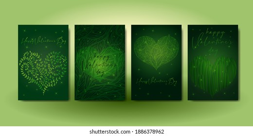 set valentine's day greeting card banner invitation flyer brochure. green gold palette natural eco style. heart shape leaves branch and lettering