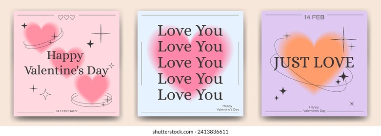 Set of Valentine's Day greeting card templates in 90s, y2k, retro style. Modern minimalist posters with gradient and linear shapes, sparkles and typography.