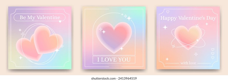 Set of Valentine's Day greeting card templates in 90s, y2k, retro style. Modern minimalist posters with gradient and linear shapes, sparkles and typography.