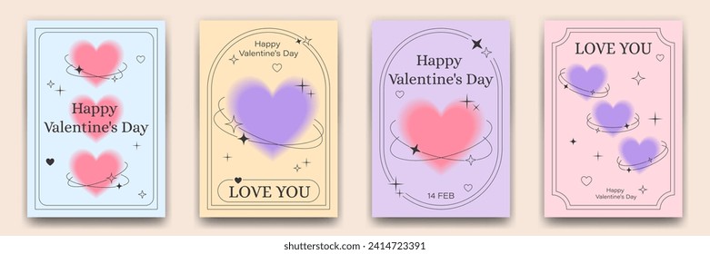Set of Valentine's Day greeting card templates in 90s, y2k, retro style. Modern minimalist posters with gradient and linear shapes, sparkles and typography.