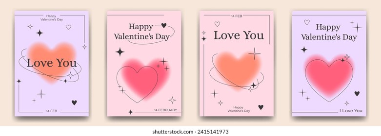 Set of Valentine's Day greeting card templates in 90s, y2k, retro style. Modern minimalist posters with gradient and linear shapes, sparkles and typography.