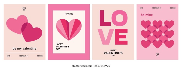 Set of Valentine's Day greeting card and posters. Background in modern trendy geometric minimal style.