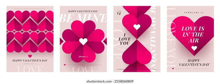 Set of Valentines Day greeting card. Trendy minimalist aesthetic design with hearts, typograpty and grainy texture. Template for invitation, cover, banner, poster, flyer. Vector illustration.