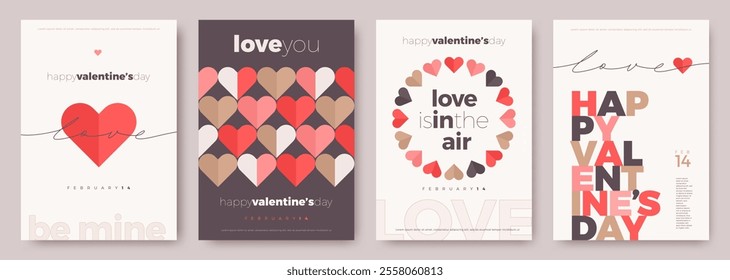 Set of Valentines Day greeting card. Trendy minimalist aesthetic design with hearts, typograpty and lettering. Template for invitation, cover, banner, poster, flyer. Vector illustration.