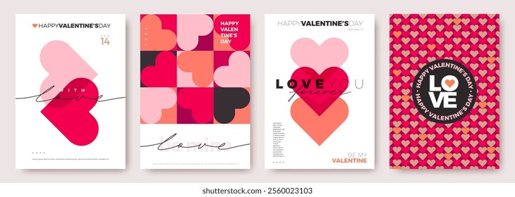 Set of Valentines Day greeting card. Trendy minimalist aesthetic design with hearts, typograpty and lettering. Template for invitation, cover, banner, poster, flyer. Vector illustration.