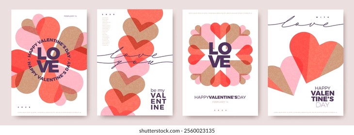 Set of Valentines Day greeting card. Trendy minimalist aesthetic design with hearts, typograpty and lettering. Template for invitation, cover, banner, poster, flyer. Vector illustration.