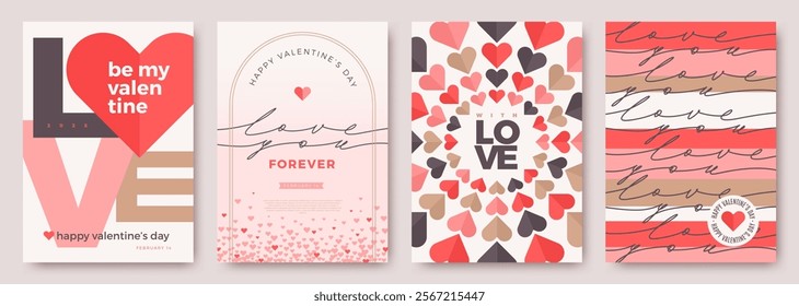 Set of Valentines Day greeting card. Trendy minimalist aesthetic design with hearts, typograpty and lettering. Template for invitation, cover, banner, poster, flyer. Vector illustration.