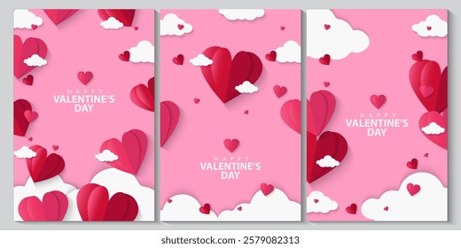 Set of Valentines Day greeting card. Trendy minimalist aesthetic design with hearts and copy space for text, valentine day template for promotional sale, background, banner or landing page template.